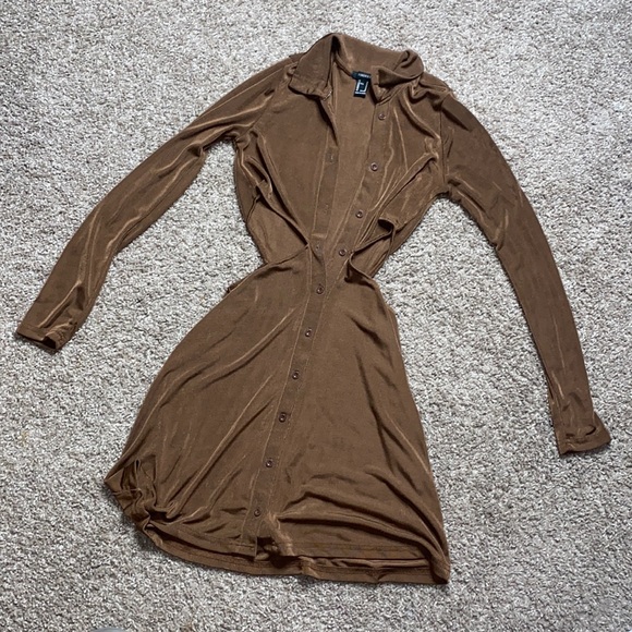Brown Button Down Long sleeve Cutout Dress - Picture 5 of 8